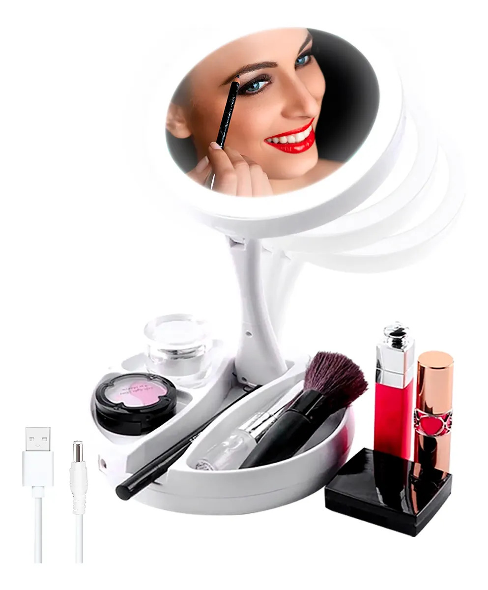 Un espejo de maquillaje plegable con luz LED portátil y de doble cara (aumento normal y 10X),